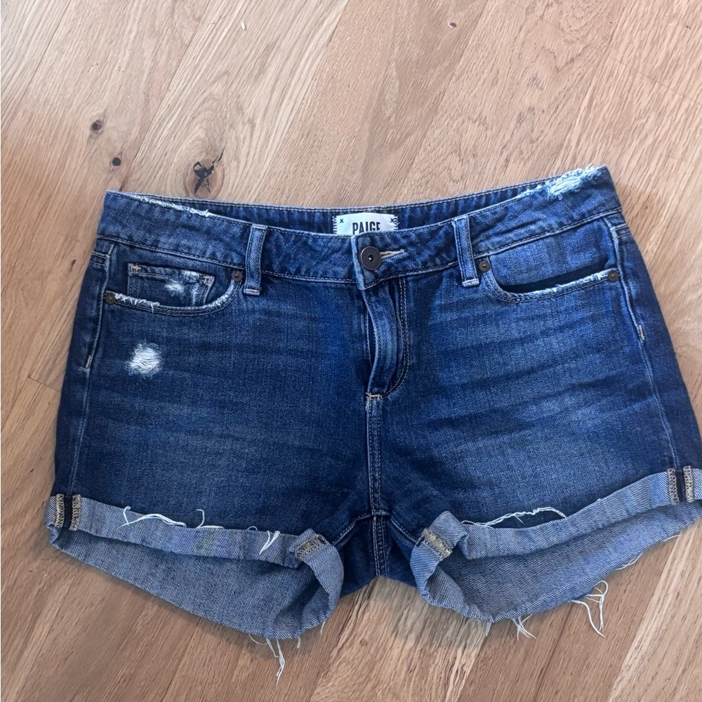 PAIGE Women's Distressed Dark Blue Jean Shorts